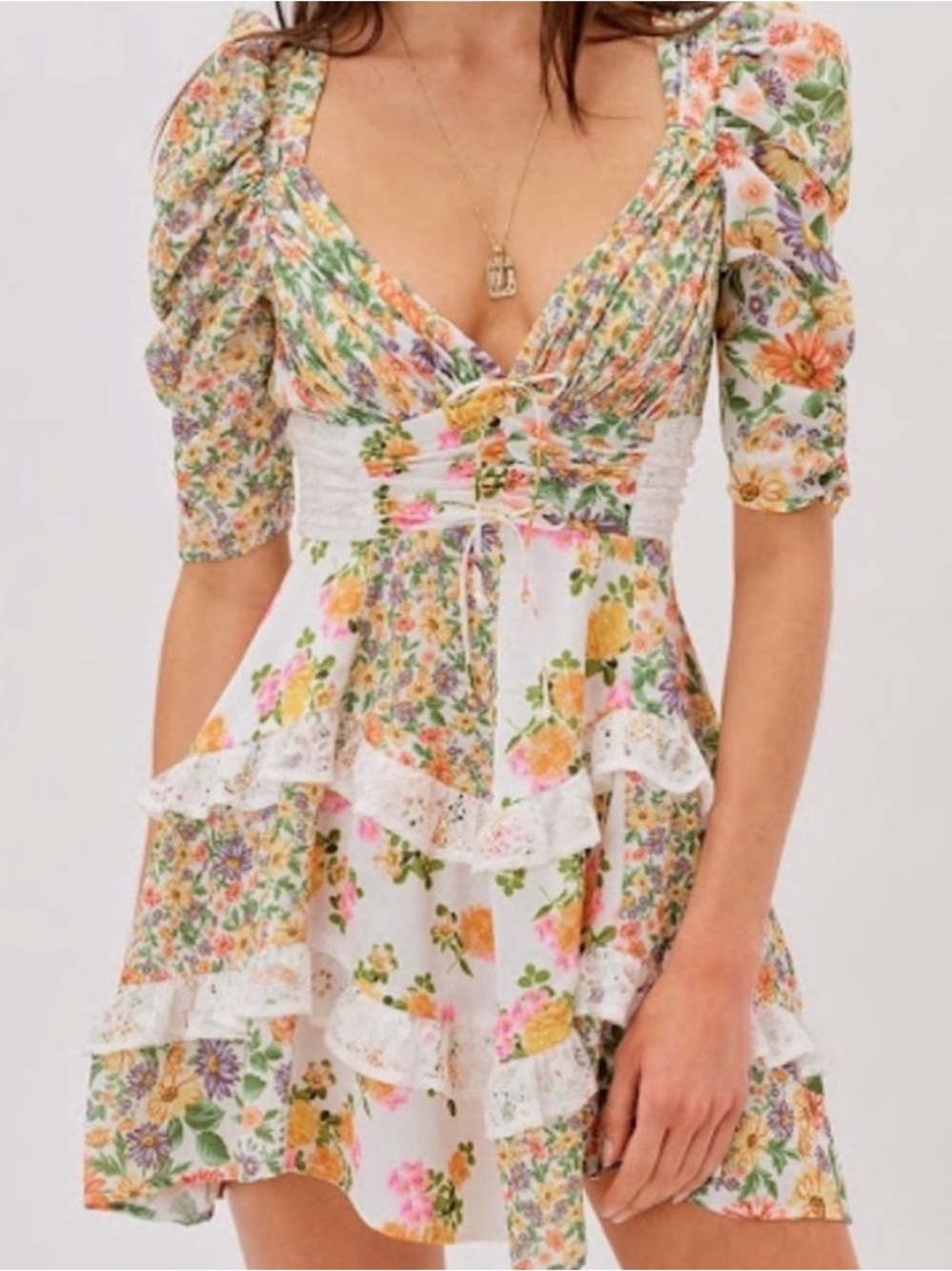 JardinVue Floral Patchwork Babydoll Tiered Mini Dress Small Coquette Cottagecore